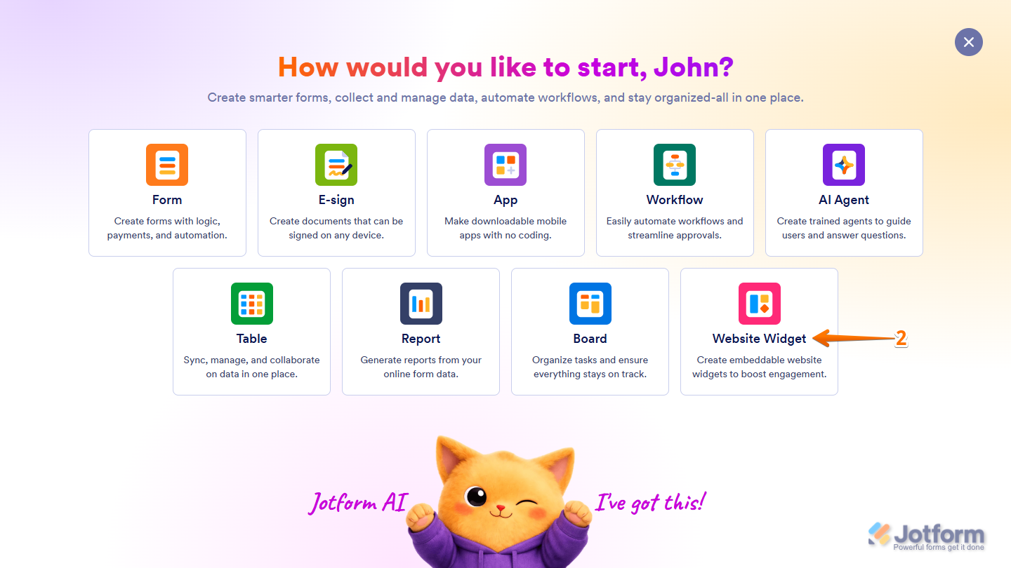 Website Widget option in Select Asset menu in Jotform Workspace page