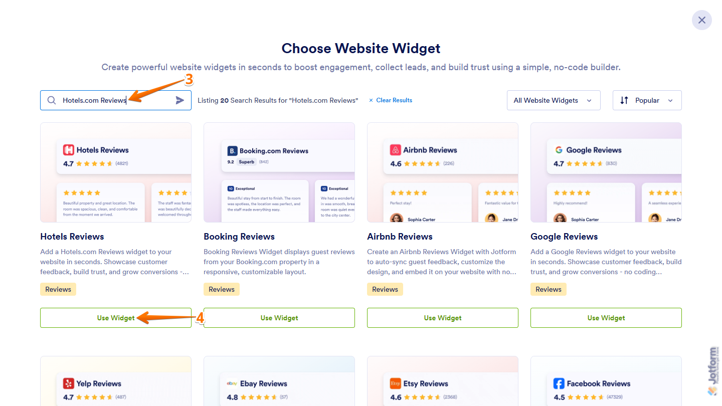 Use Widget button of the Hotels Reviews widget in the search results of Choose Website Widget menu on Jotform Workspace page