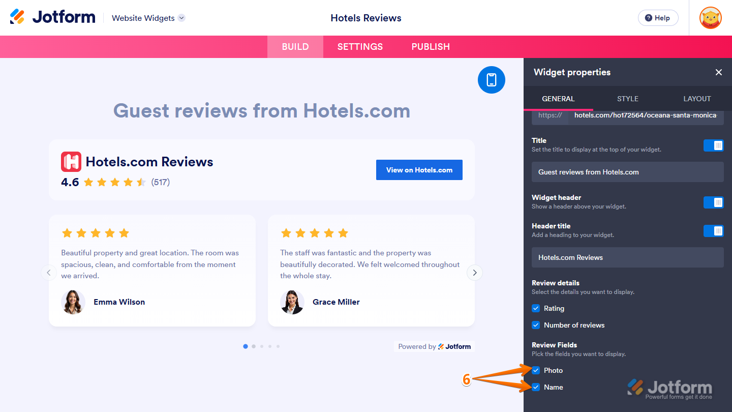 Review Fields setting under the General tab of the Widget Properties menu in Jotform Website Widgets