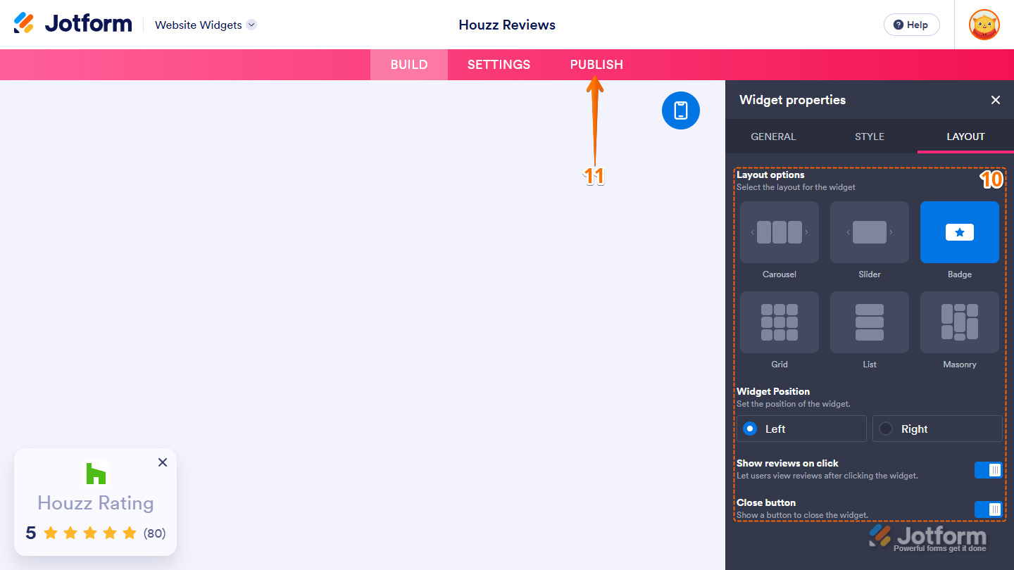 Settings for the Badge layout under the Layout tab of the Widget Properties menu in Jotform Website Widgets