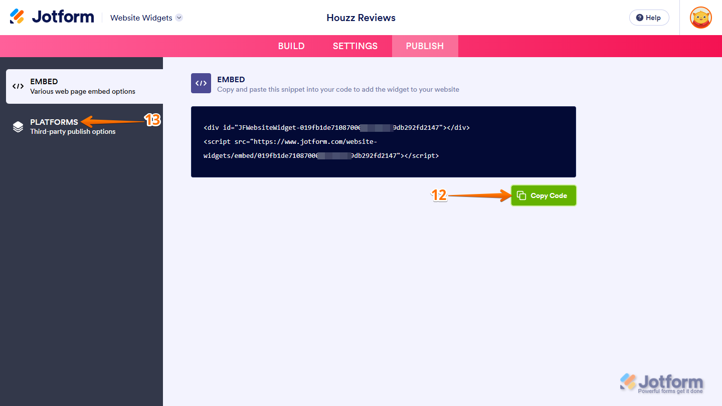 Copy button in the Embed section under the Publish tab of Jotform Website Widgets