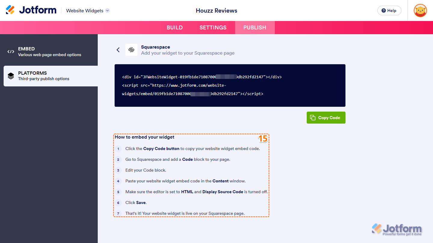 How to Embed Your Widget section in the Platforms section under the Publish tab of Jotform Website Widgets