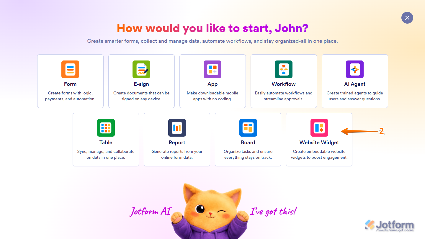 Website Widget option in Select Asset menu in Jotform Workspace page