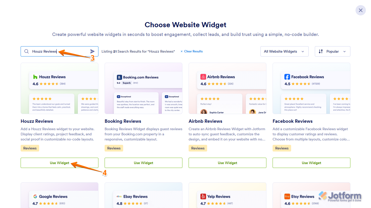 Use Widget button of the Houzz Reviews widget in the search results of Choose Website Widget menu on Jotform Workspace page