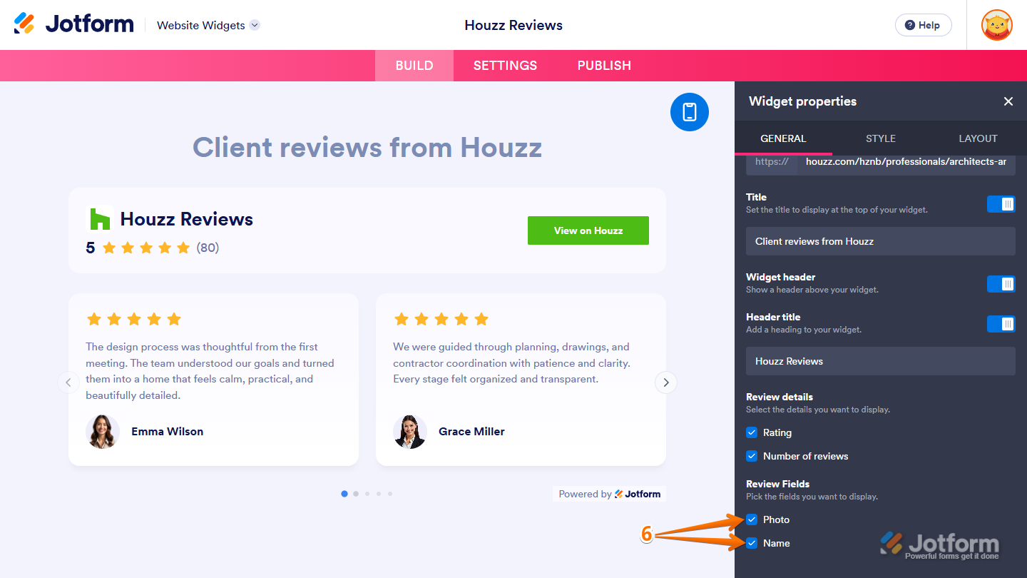 Review Fields setting under the General tab of the Widget Properties menu in Jotform Website Widgets
