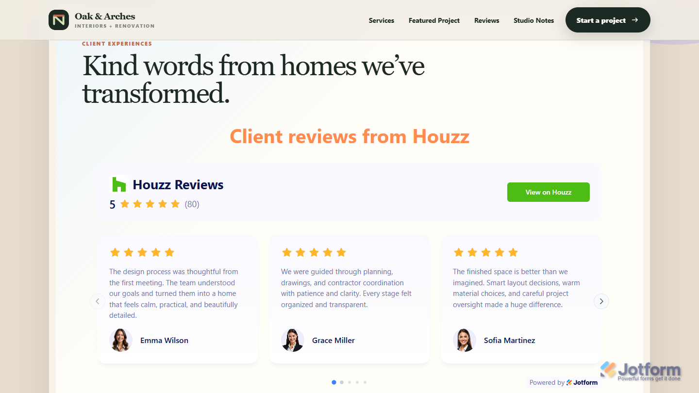 Embedded Jotform Houzz Reviews widget in a sample website