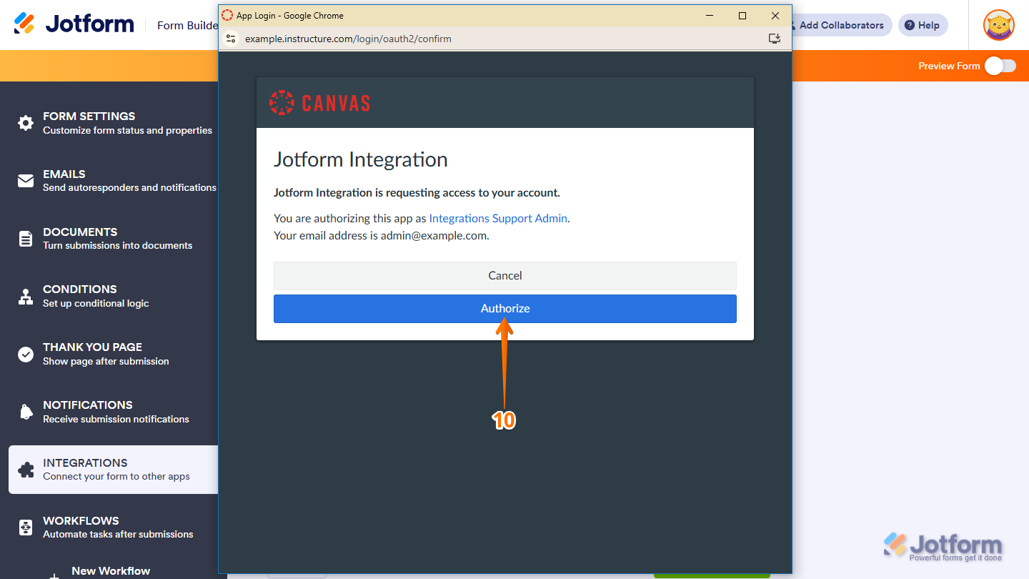 Authenticate button in the Canvas App Login window in Jotform Form Builder