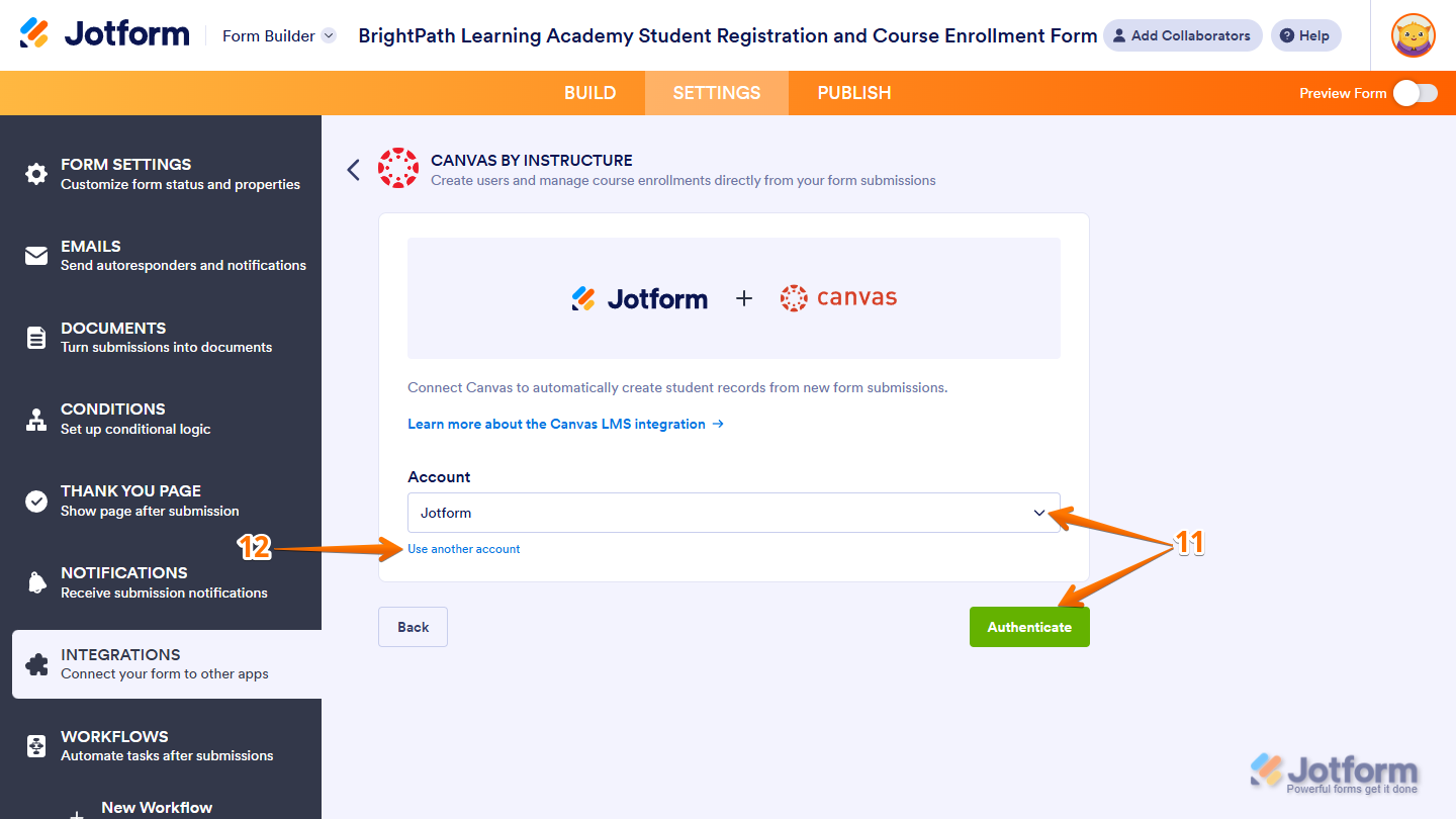 Account Dropdown and Authenticate button in the Canvas by Instructure section of Integrations under the Settings tab in Jotform Form Builder