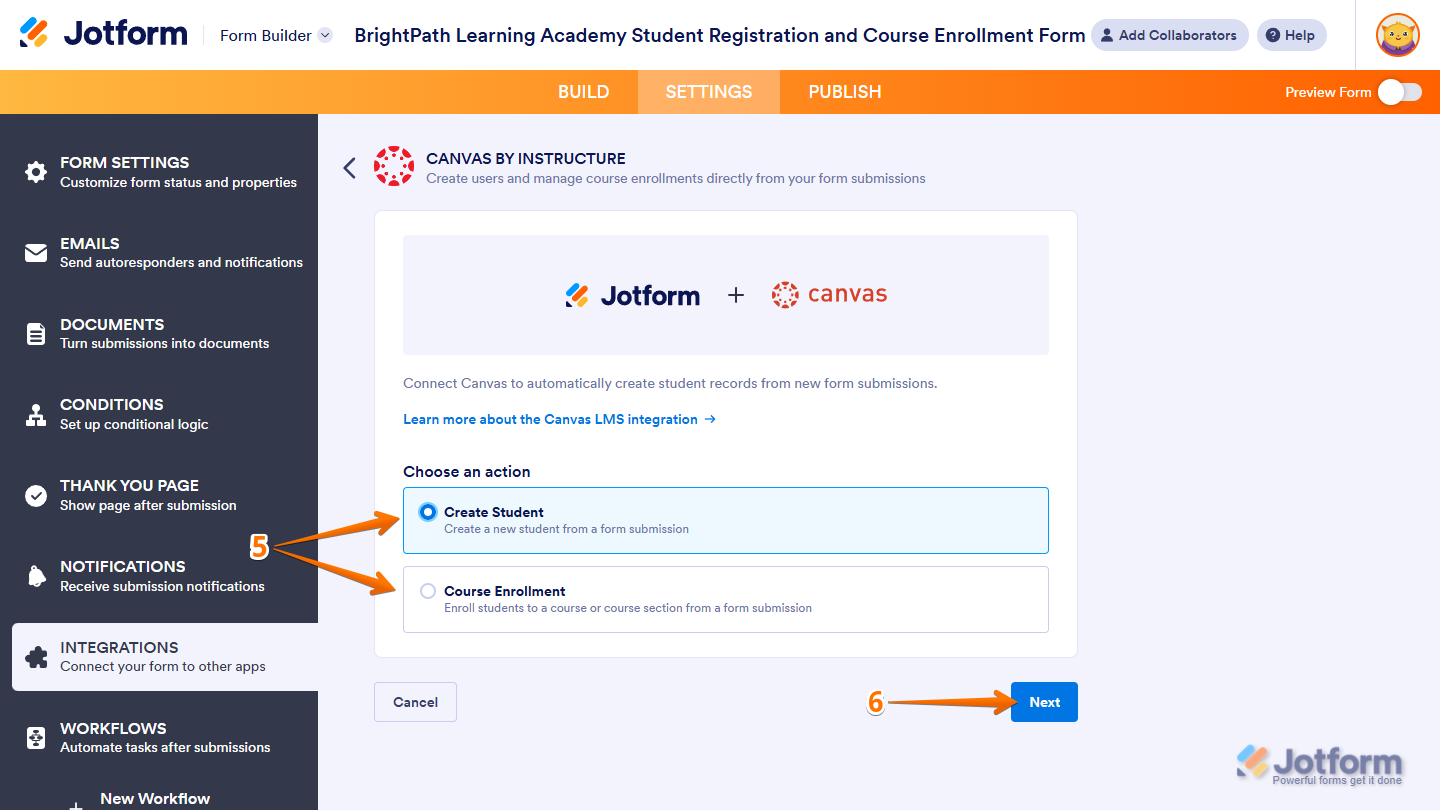 Choose an Action and Next button in the Canvas by Instructure section of Integrations under the Settings tab in Jotform Form Builder