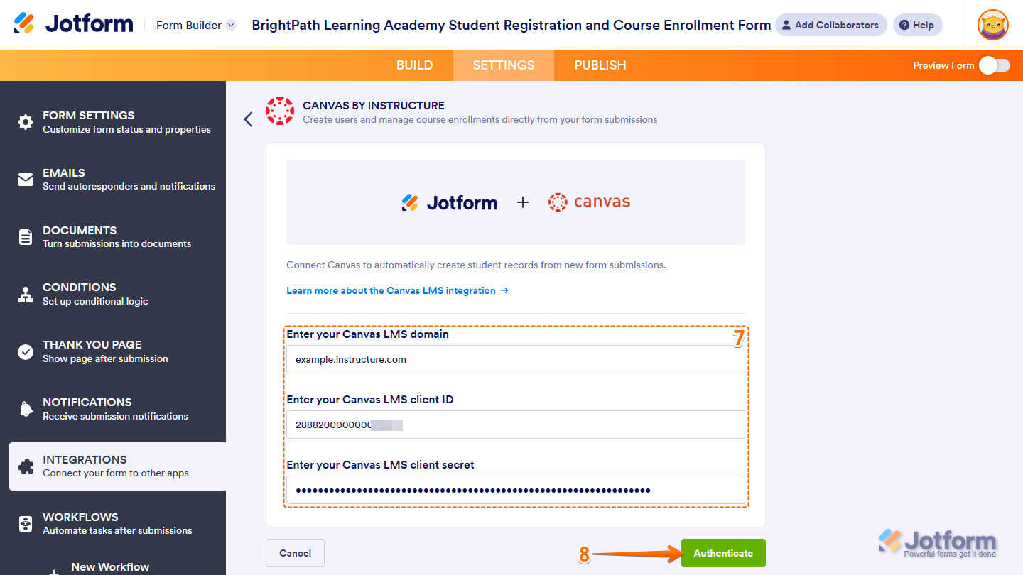 Canvas LMS domain, Client ID, and Cient Secret fields and Authenticate button in the Canvas by Instructure section of Integrations under the Settings tab in Jotform Form Builder