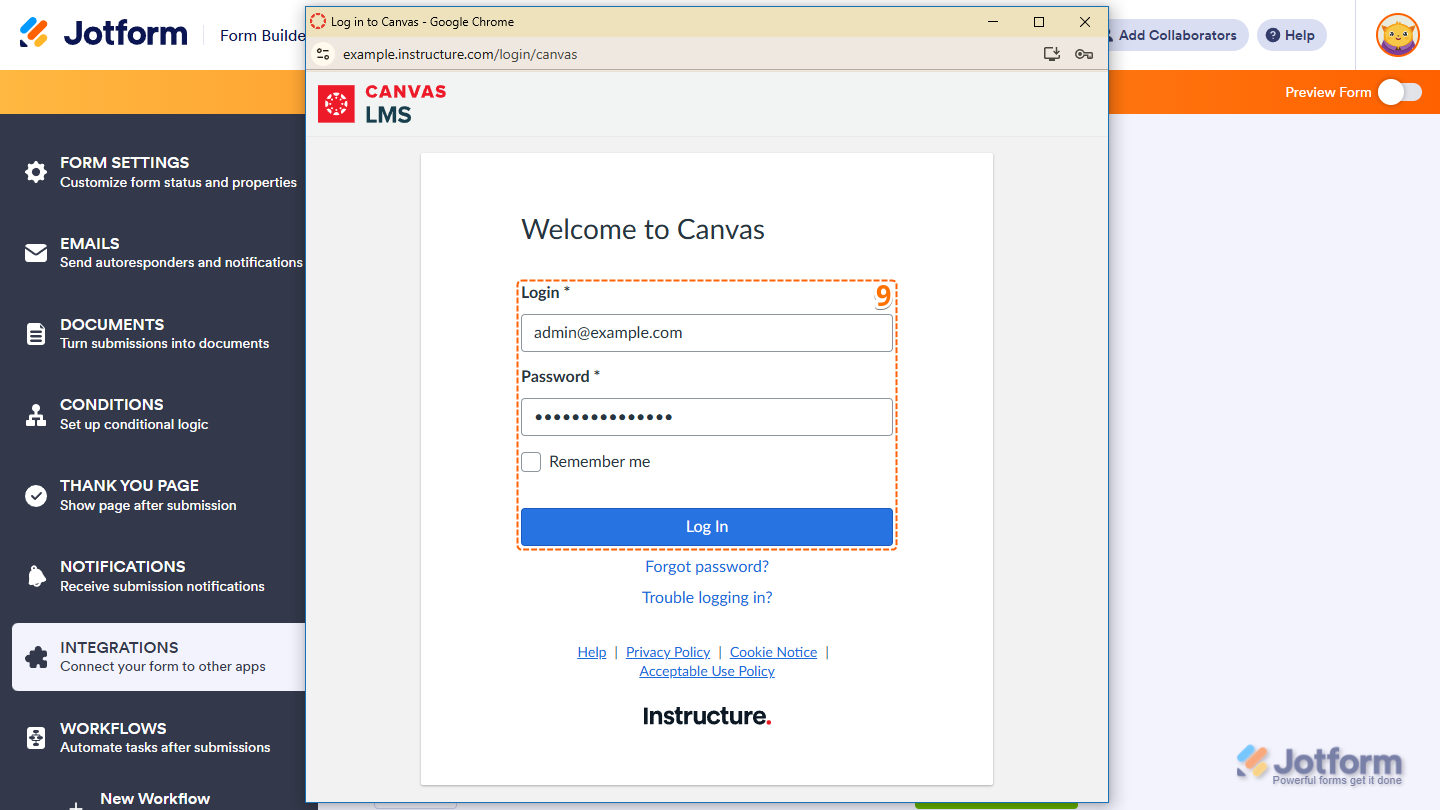 Login Credential fields in the Log in to Canvas window in Jotform Form Builder
