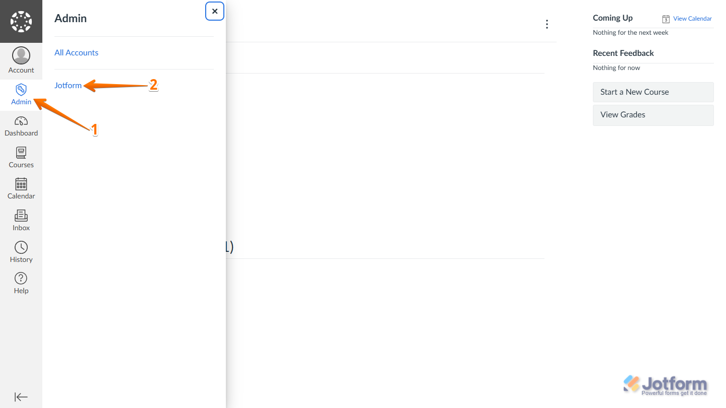 Account option in the Admin panel ont the left side of the menu in Canvas Dashboard