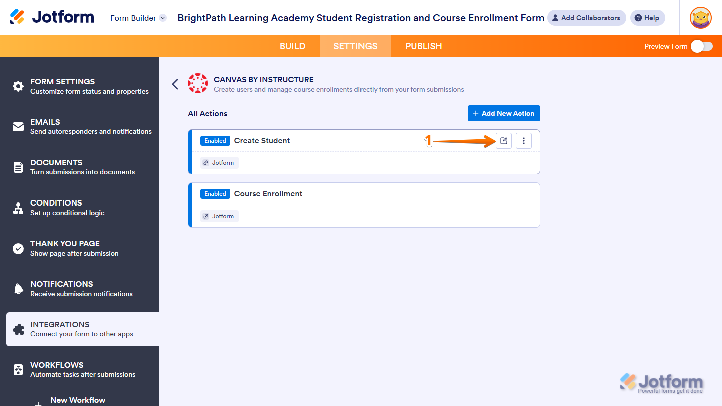 Edit icon in the All Actions section of the Canvas by Instructure section of Integrations under the Settings tab in Jotform Form Builder