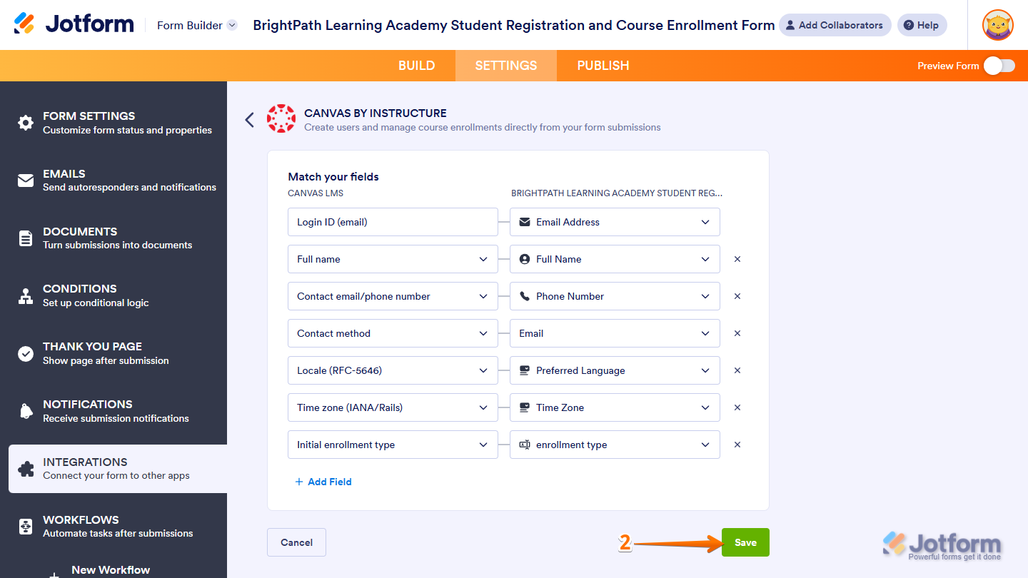 Updated Match Your Field setting and Save button in the Canvas by Instructure section of Integrations under the Settings tab in Jotform Form Builder