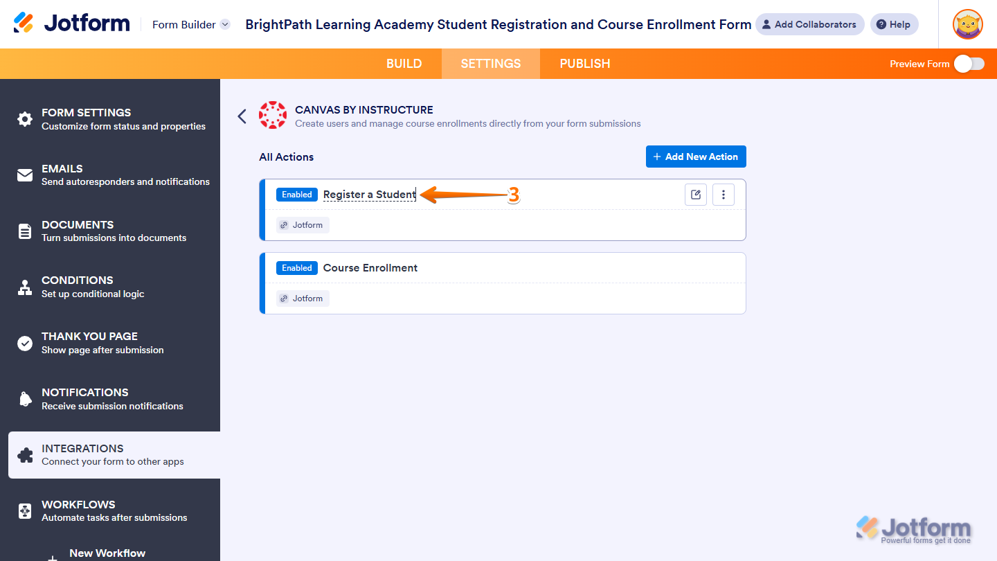 Updated name of an action in the All Actions section of the Canvas by Instructure section of Integrations under the Settings tab in Jotform Form Builder