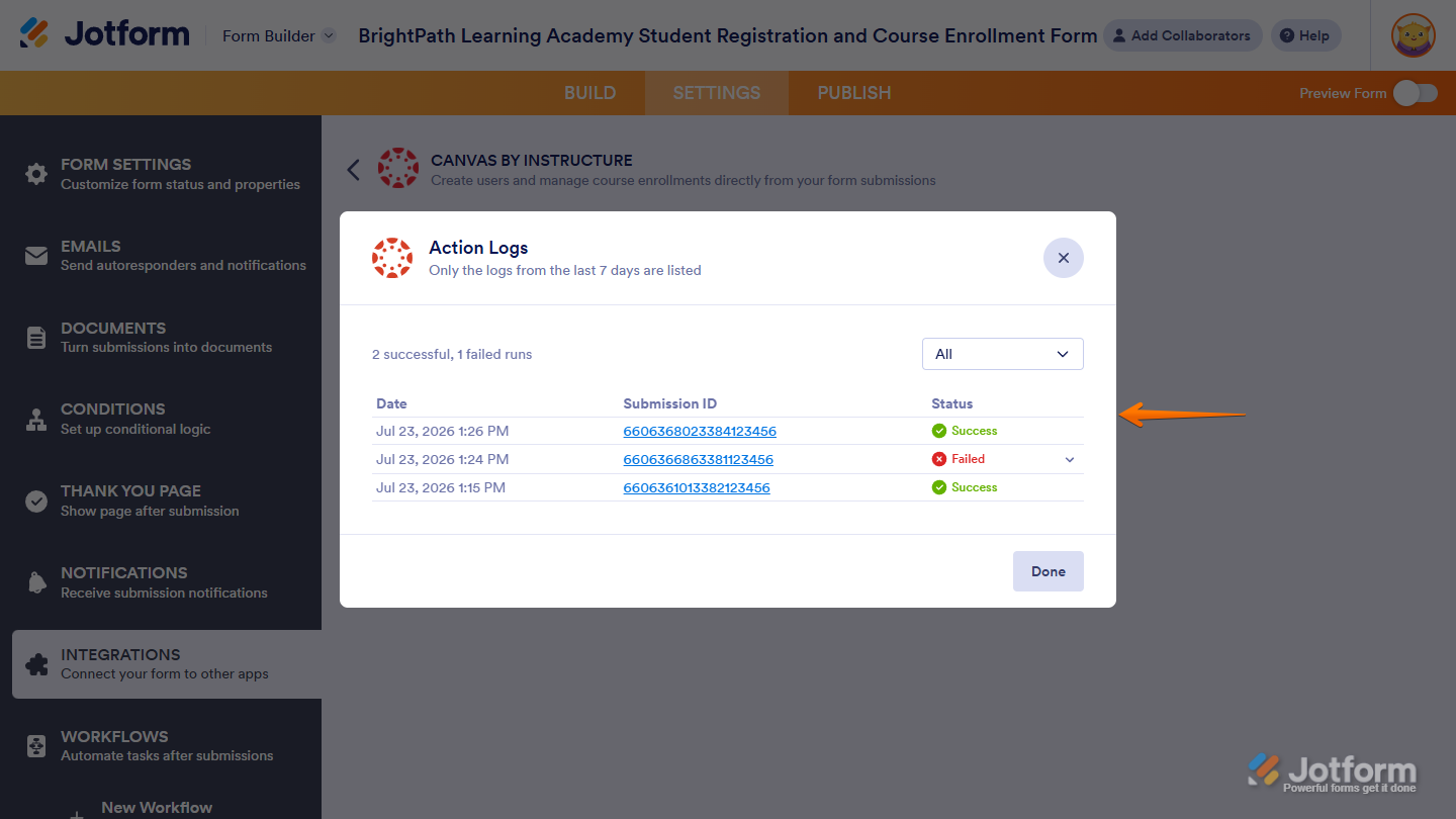 Action Logs window of the All Actions section of the Canvas by Instructure section of Integrations under the Settings tab in Jotform Form Builder