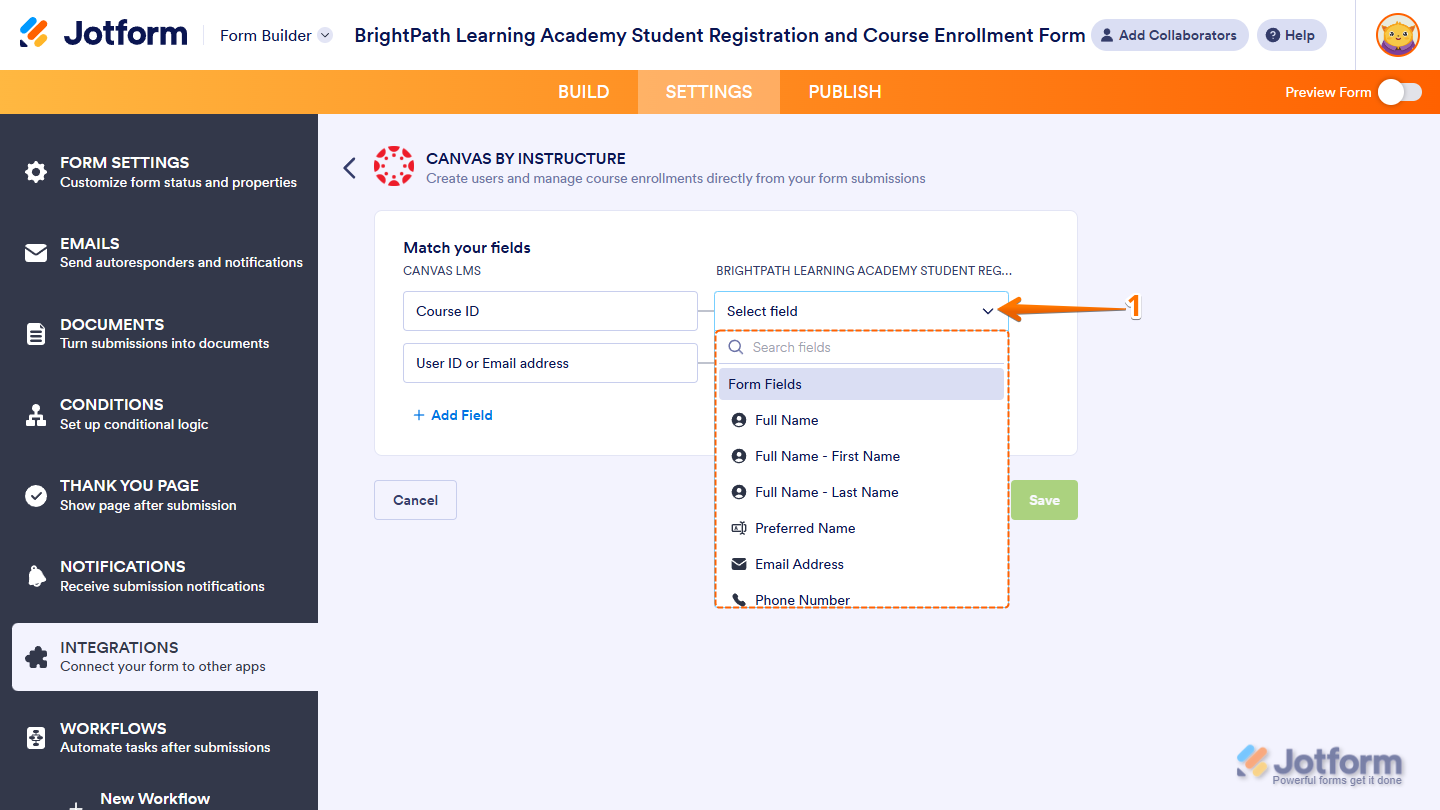 Course ID default Canvas field in the Match Your Fields setting for Create Enrollment action in the Canvas by Instructure section of Integrations under the Settings tab in Jotform Form Builder