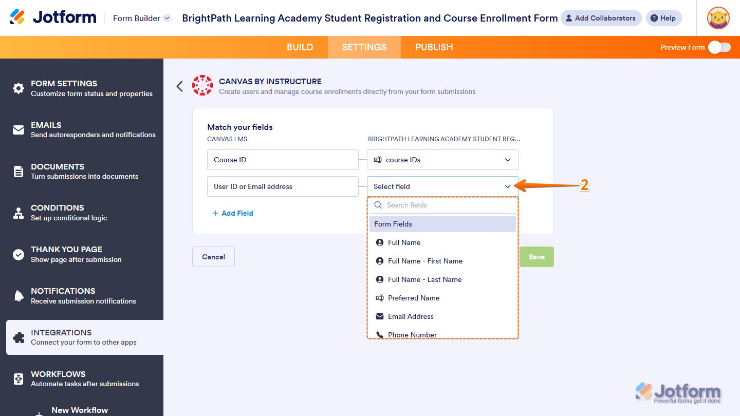 User ID or Email Address default Canvas field in the Match Your Fields setting for Create Enrollment action in the Canvas by Instructure section of Integrations under the Settings tab in Jotform Form Builder