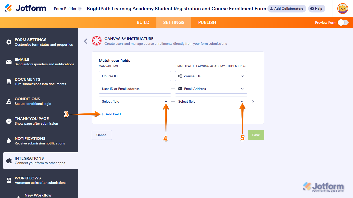 Add Field button and additional fields of the Match Your Fields setting for Create Enrollment action in the Canvas by Instructure section of Integrations under the Settings tab in Jotform Form Builder