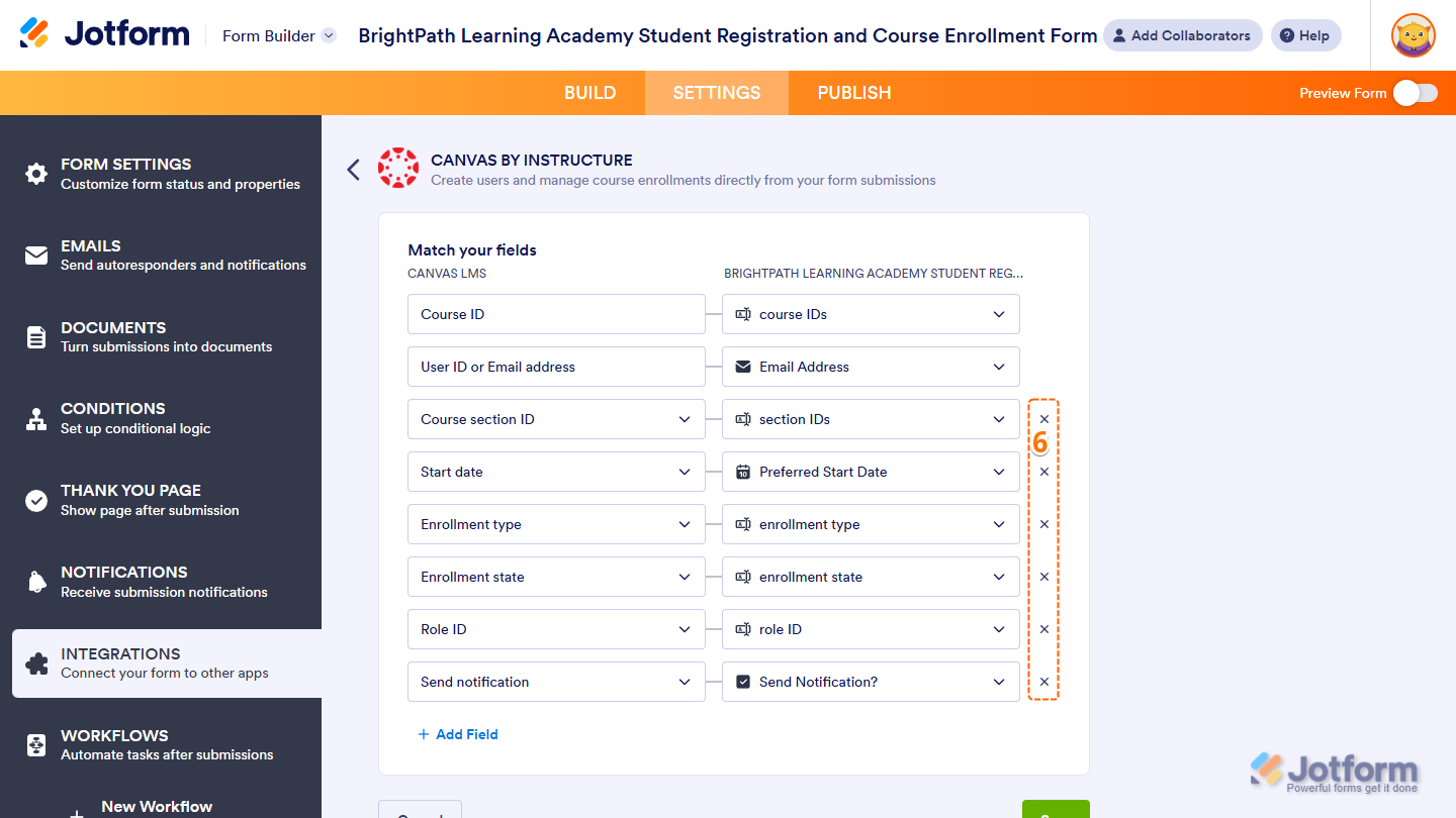 Delete Field buttons of the Match Your Fields setting for Create Enrollment action in the Canvas by Instructure section of Integrations under the Settings tab in Jotform Form Builder