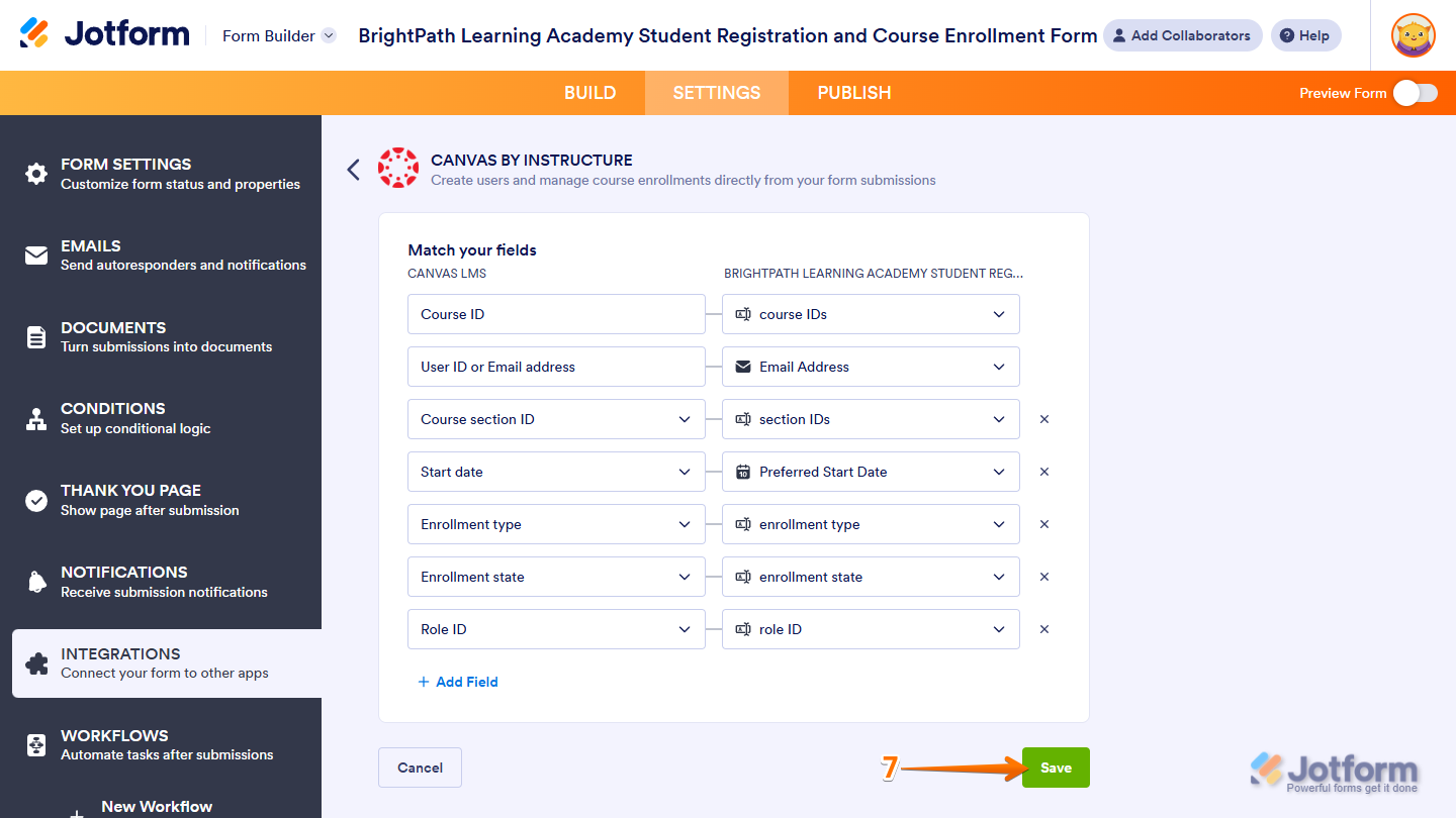 Save button in the Canvas by Instructure section of Integrations under the Settings tab in Jotform Form Builder