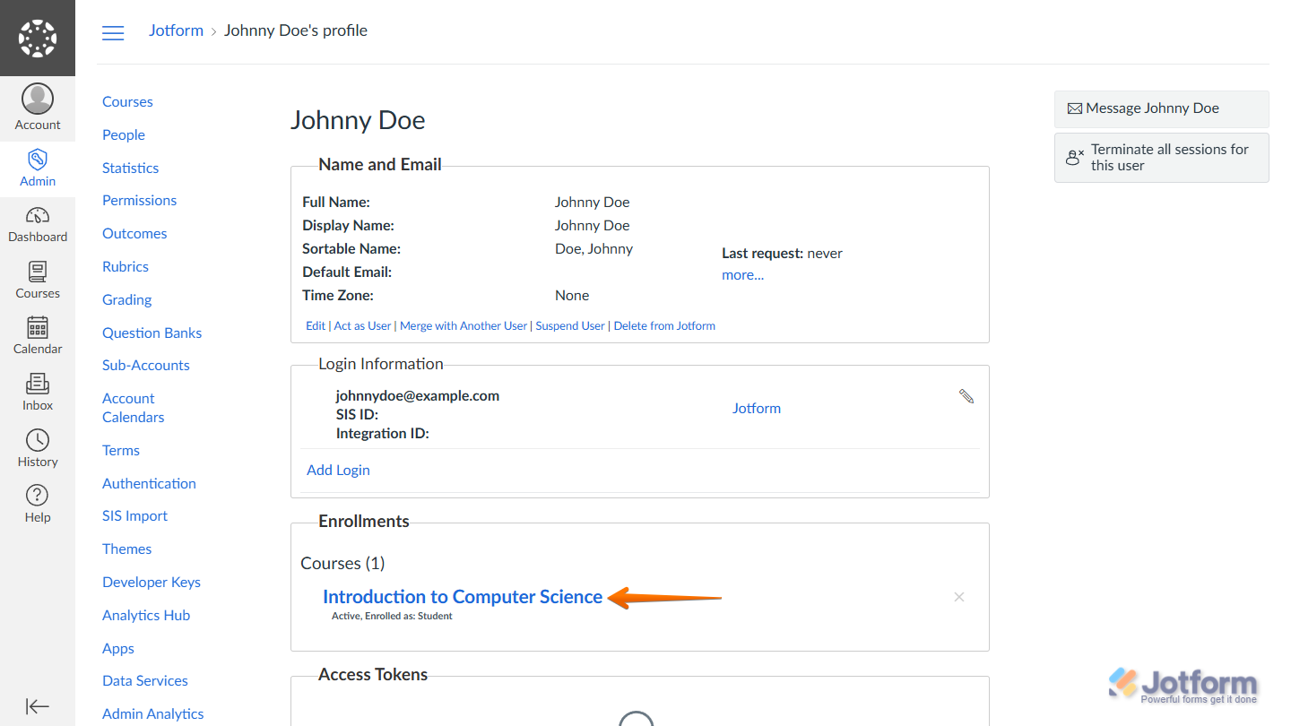 Example of a Student record enrolled in a course in Canvas with Jotform form submission