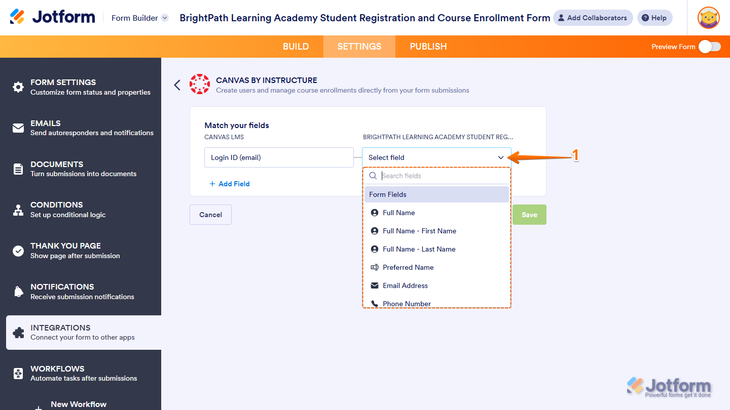 Login ID default Canvas field in Match Your Fields setting for Create Student action in the Canvas by Instructure section of Integrations under the Settings tab in Jotform Form Builder