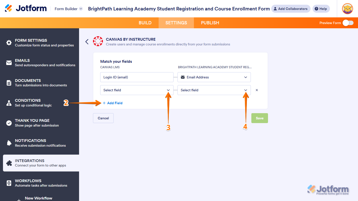 Add Field button and additional fields of the Match Your Fields setting for Create Student action in the Canvas by Instructure section of Integrations under the Settings tab in Jotform Form Builder