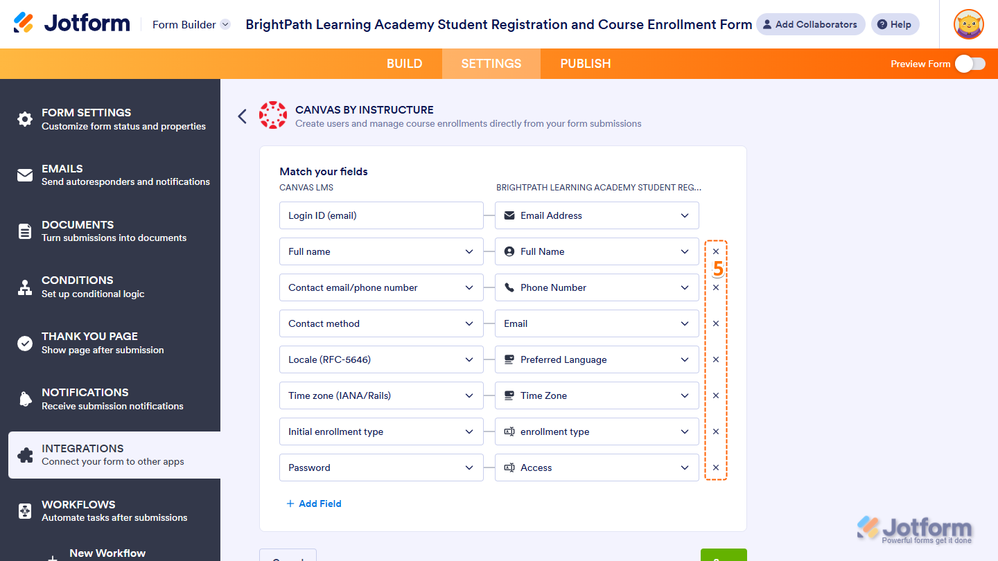 Delete Field buttons of the Match Your Fields setting for Create Student action in the Canvas by Instructure section of Integrations under the Settings tab in Jotform Form Builder