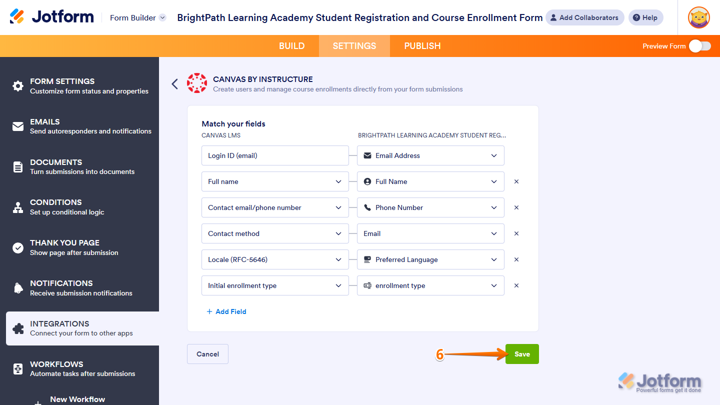 Save button in the Canvas by Instructure section of Integrations under the Settings tab in Jotform Form Builder