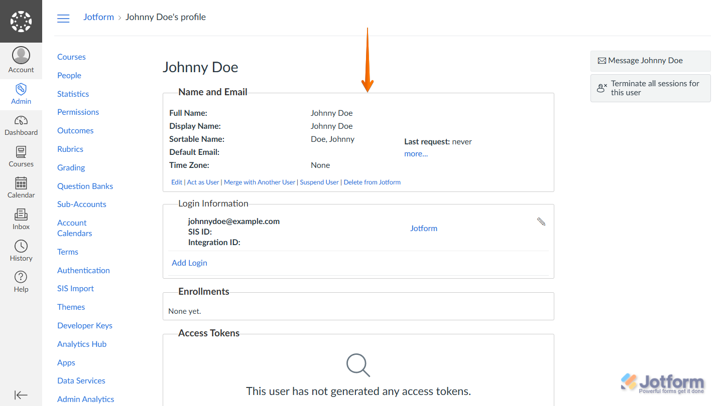 Example of a Student record created in Canvas from Jotform form submission