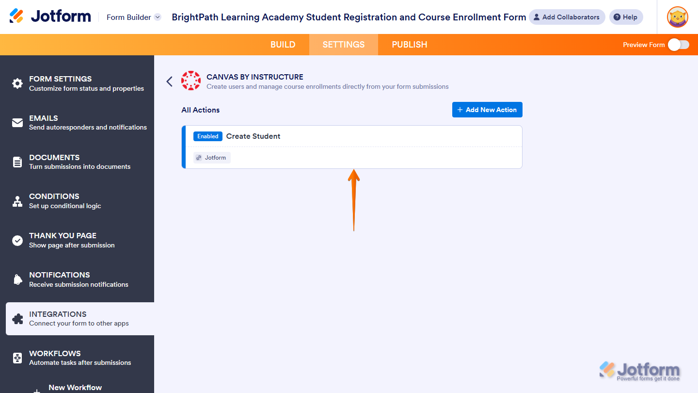 New Create Student action in the All Actions section of the Canvas by Instructure section of Integrations under the Settings tab in Jotform Form Builder