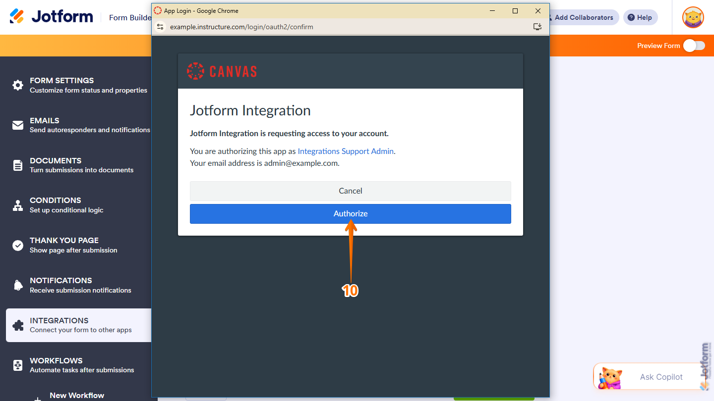 Authenticate button in the Canvas App Login window in Jotform Form Builder