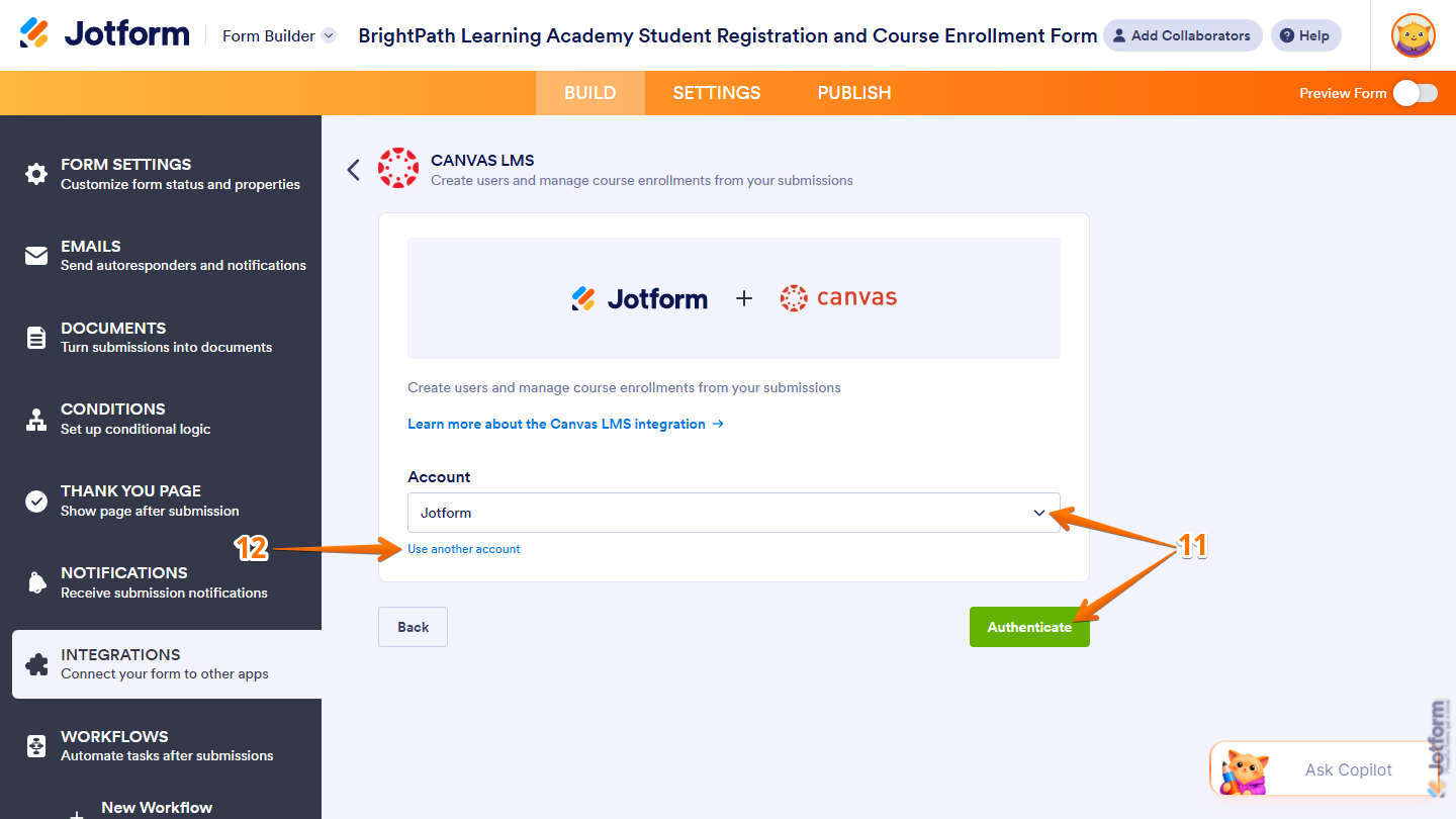 Account Dropdown and Authenticate button in the Canvas LMS section of Integrations under the Settings tab in Jotform Form Builder