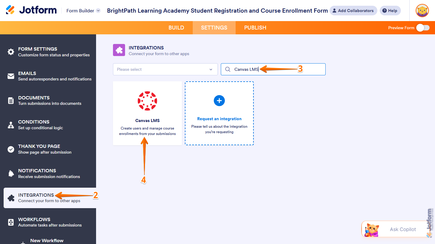 Canvas LMS option in the Integrations section under the Settings tab in Jotform Form Builder