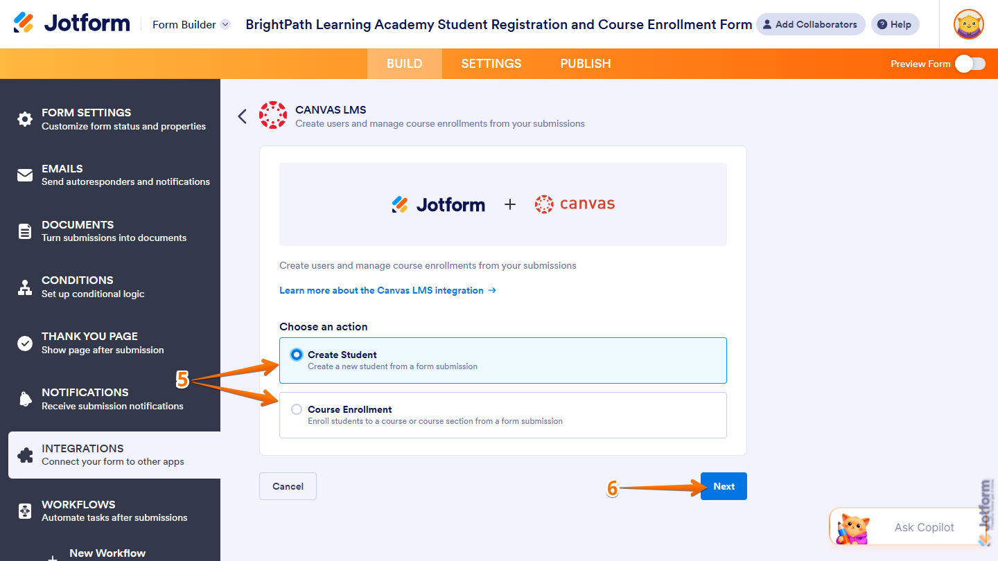 Choose an Action and Next button in the Canvas LMS section of Integrations under the Settings tab in Jotform Form Builder