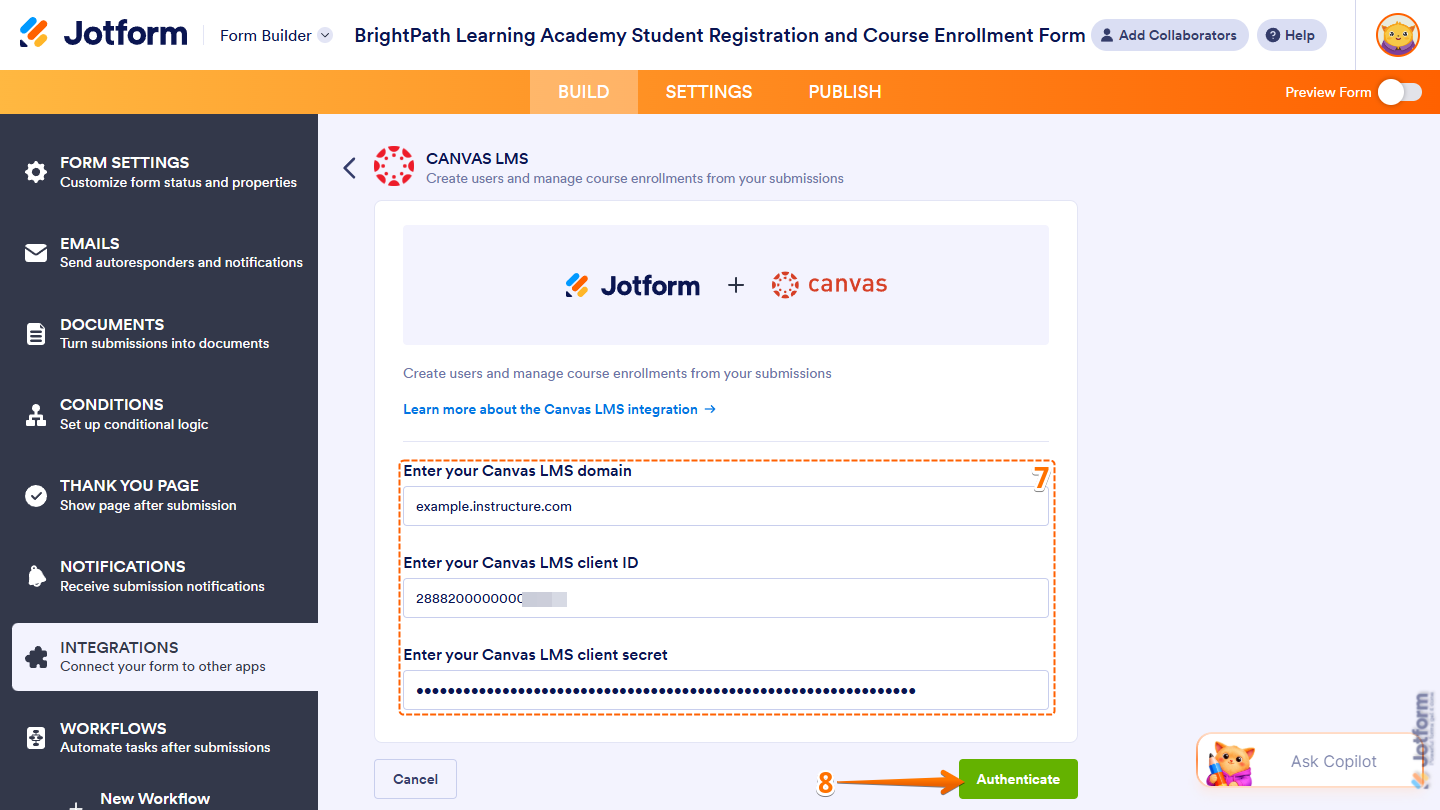 Canvas LMS domain, Client ID, and Cient Secret fields and Authenticate button in the Canvas LMS section of Integrations under the Settings tab in Jotform Form Builder