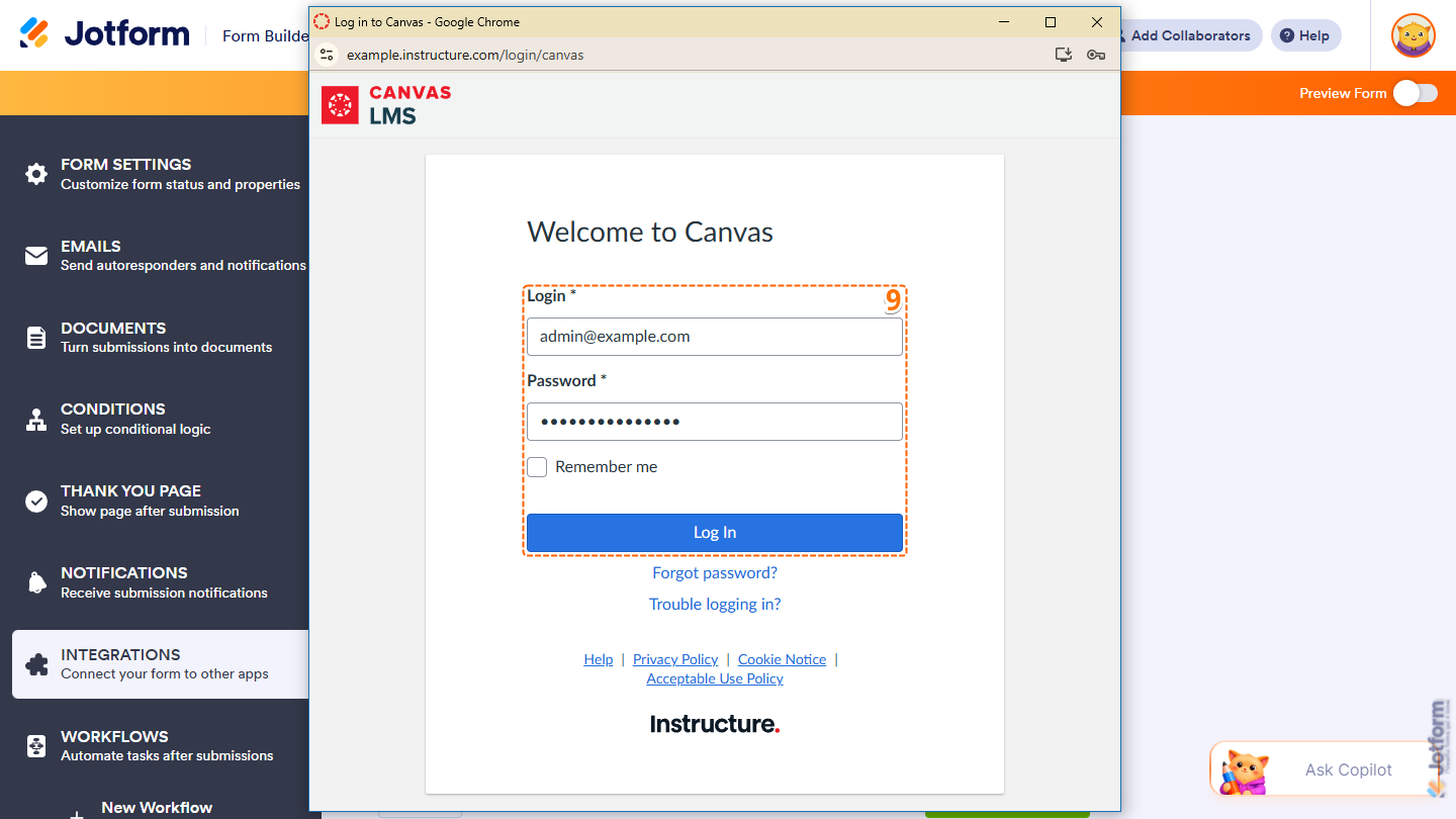Login Credential fields in the Log in to Canvas window in Jotform Form Builder