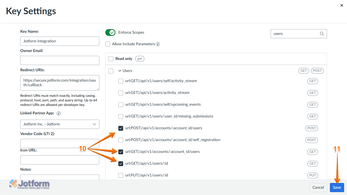 Checked parameters under the Users scope section in Key Setings of Developer Keys in Canvas