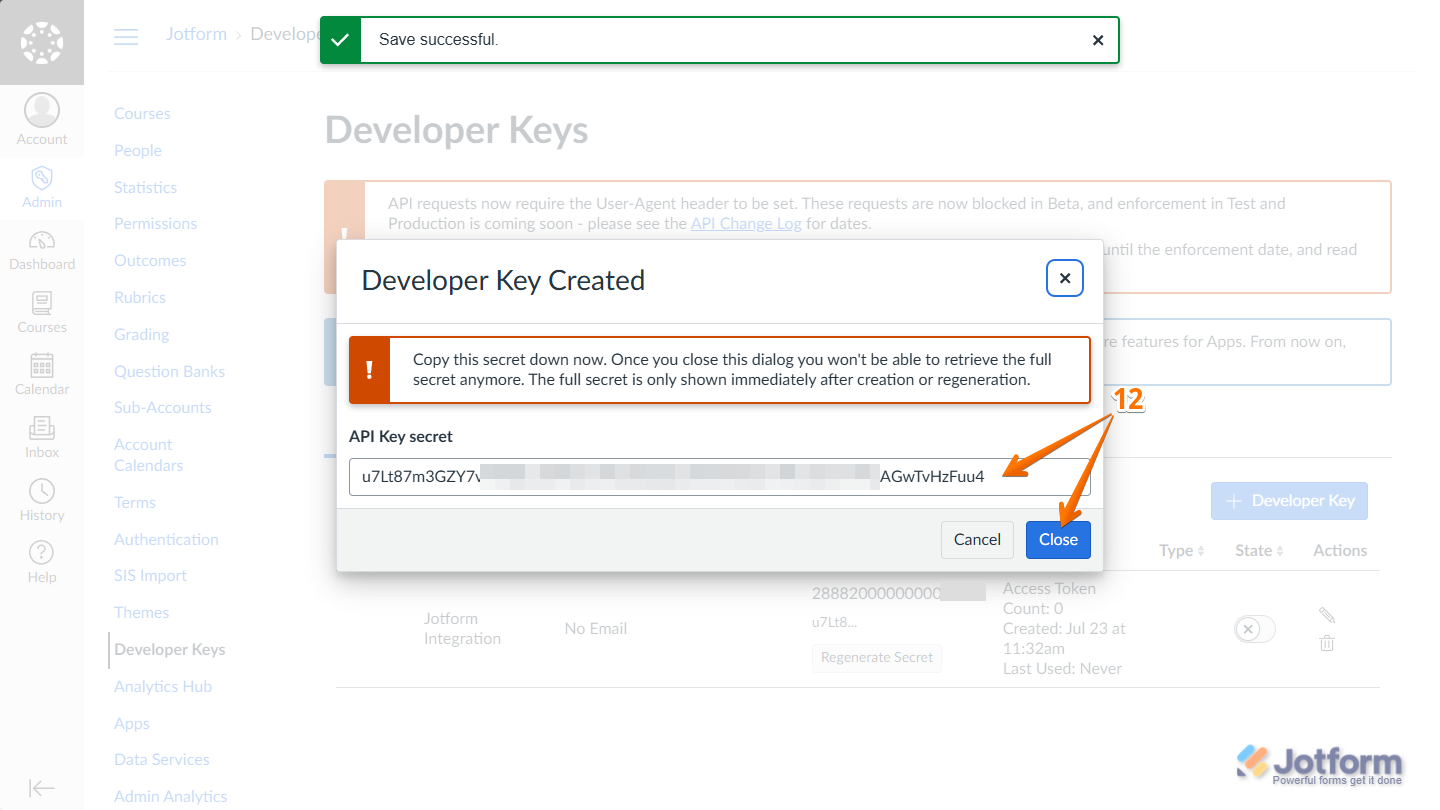 API Key Secret and Close button in the Developer Key Created window in the Developer Keys section in Canvas