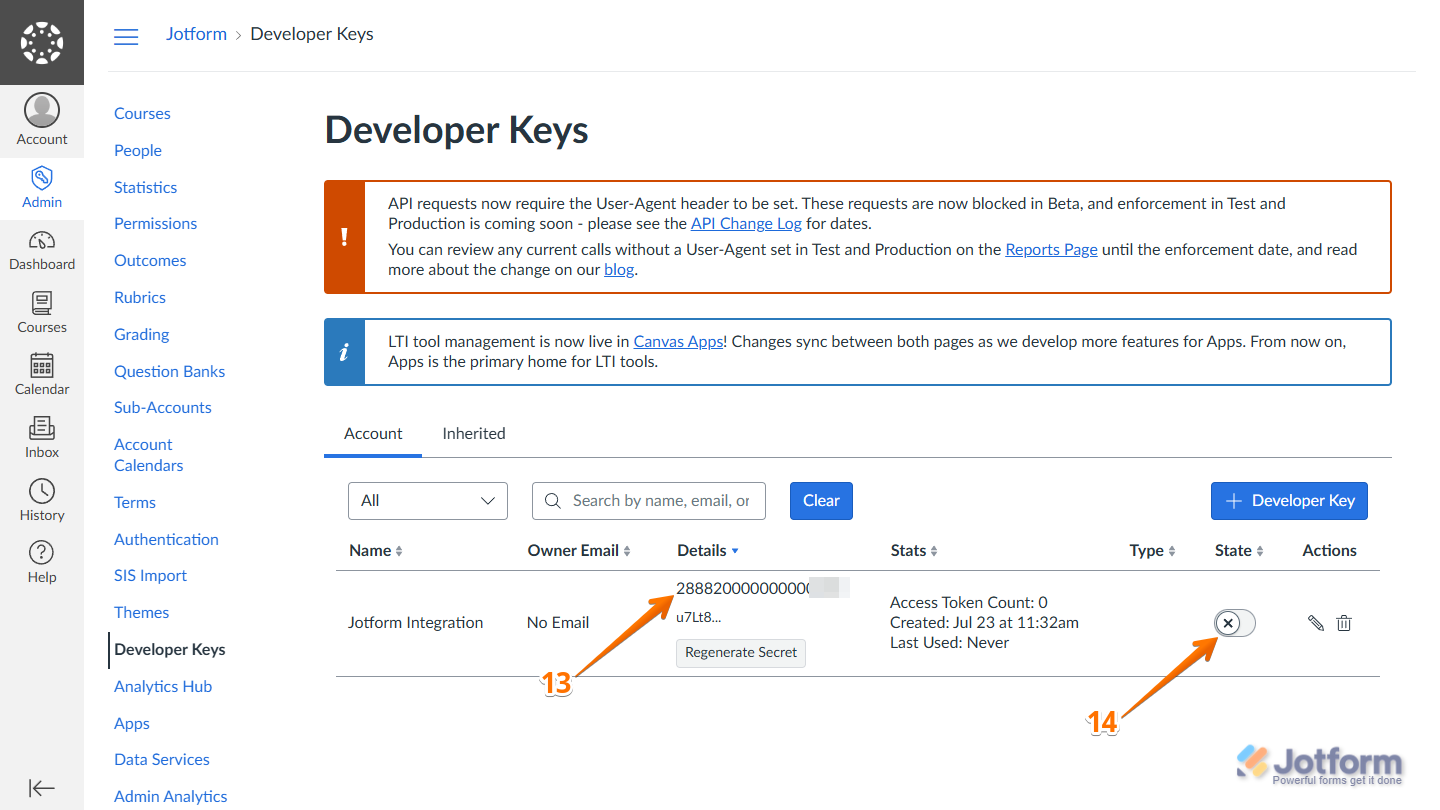 Client ID in the Details column and disabled toggle in the State column of the Account tab in the Developer Keys section in Canvas
