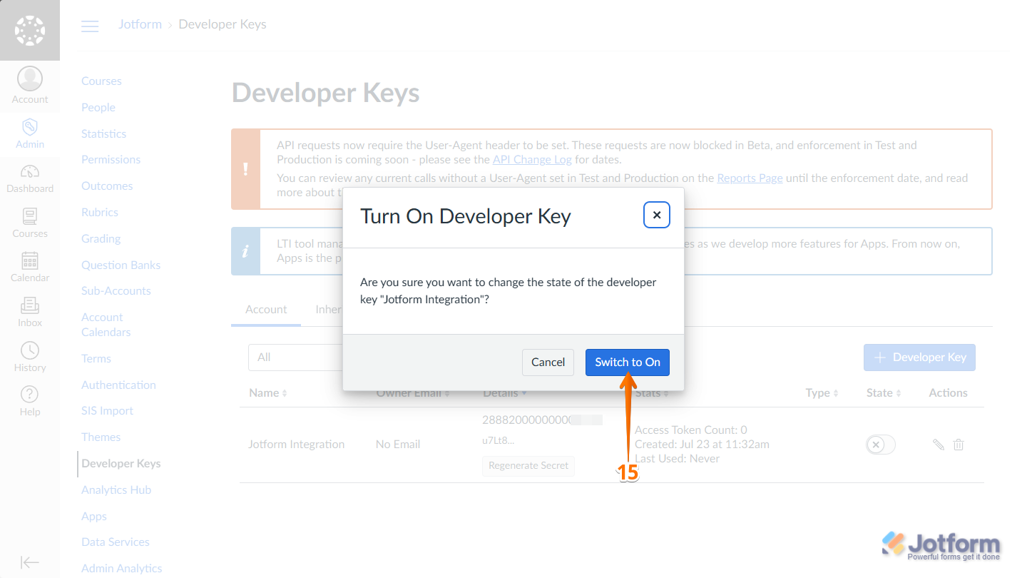 Switch to On button in the Turn On Developer Key window in the Developer Keys section in Canvas