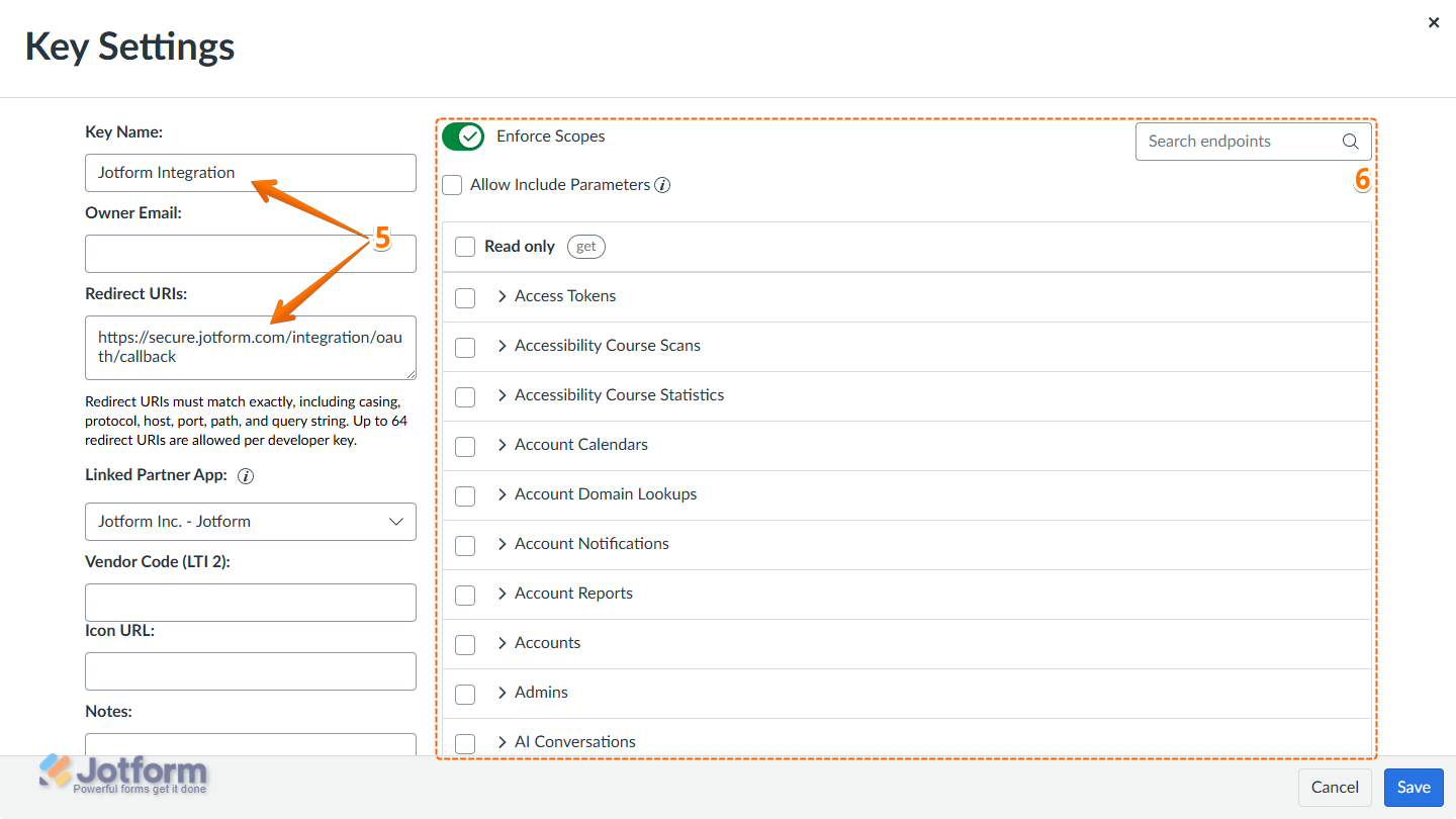 Key Name and Redirect URIs fields and Scope section in the Key Settings section of Developer Keys in Canvas