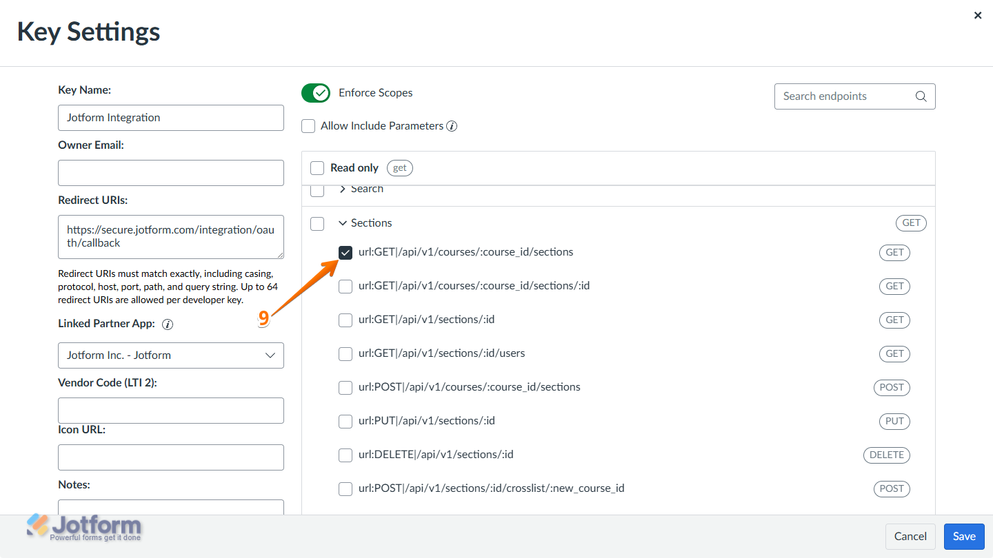 Checked parameter under the Sections scope section in Key Setings of Developer Keys in Canvas