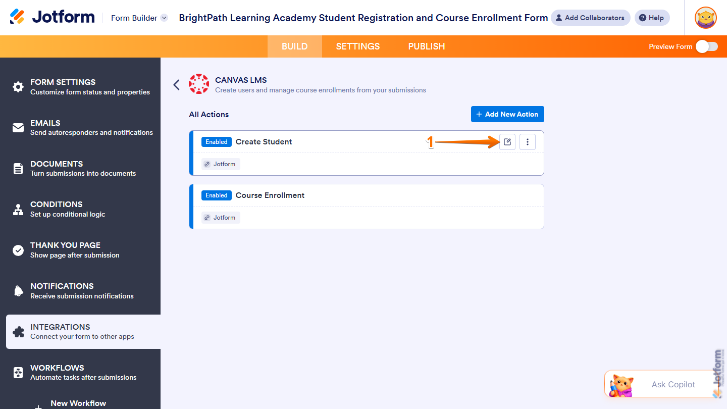 Edit icon in the All Actions section of the Canvas LMS section of Integrations under the Settings tab in Jotform Form Builder