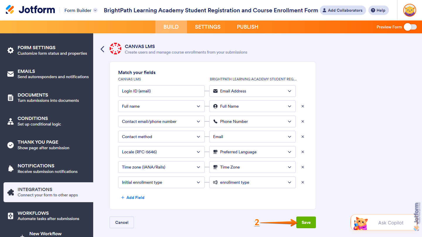 Updated Match Your Field setting and Save button in the Canvas LMS section of Integrations under the Settings tab in Jotform Form Builder