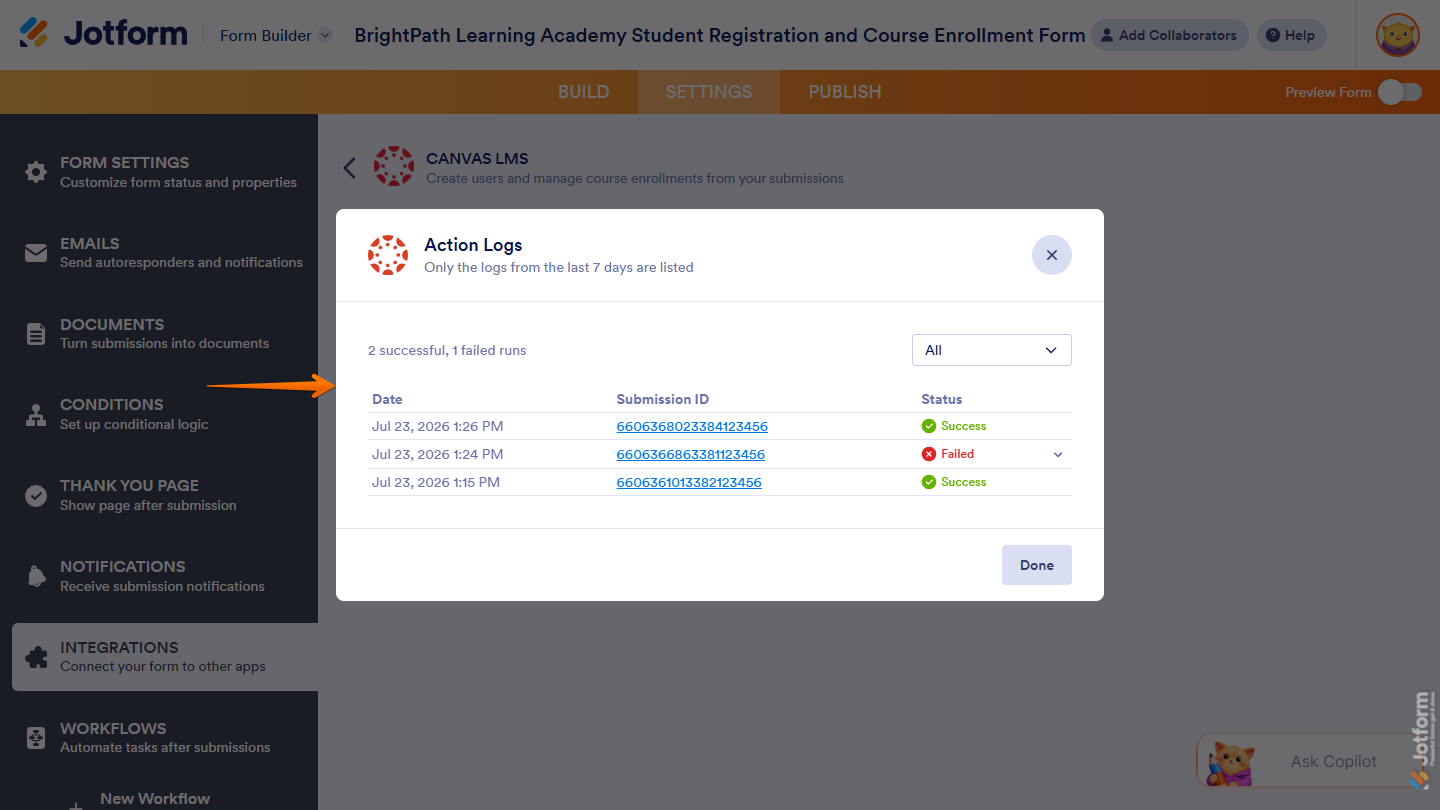 Action Logs window of the All Actions section of the Canvas LMS section of Integrations under the Settings tab in Jotform Form Builder