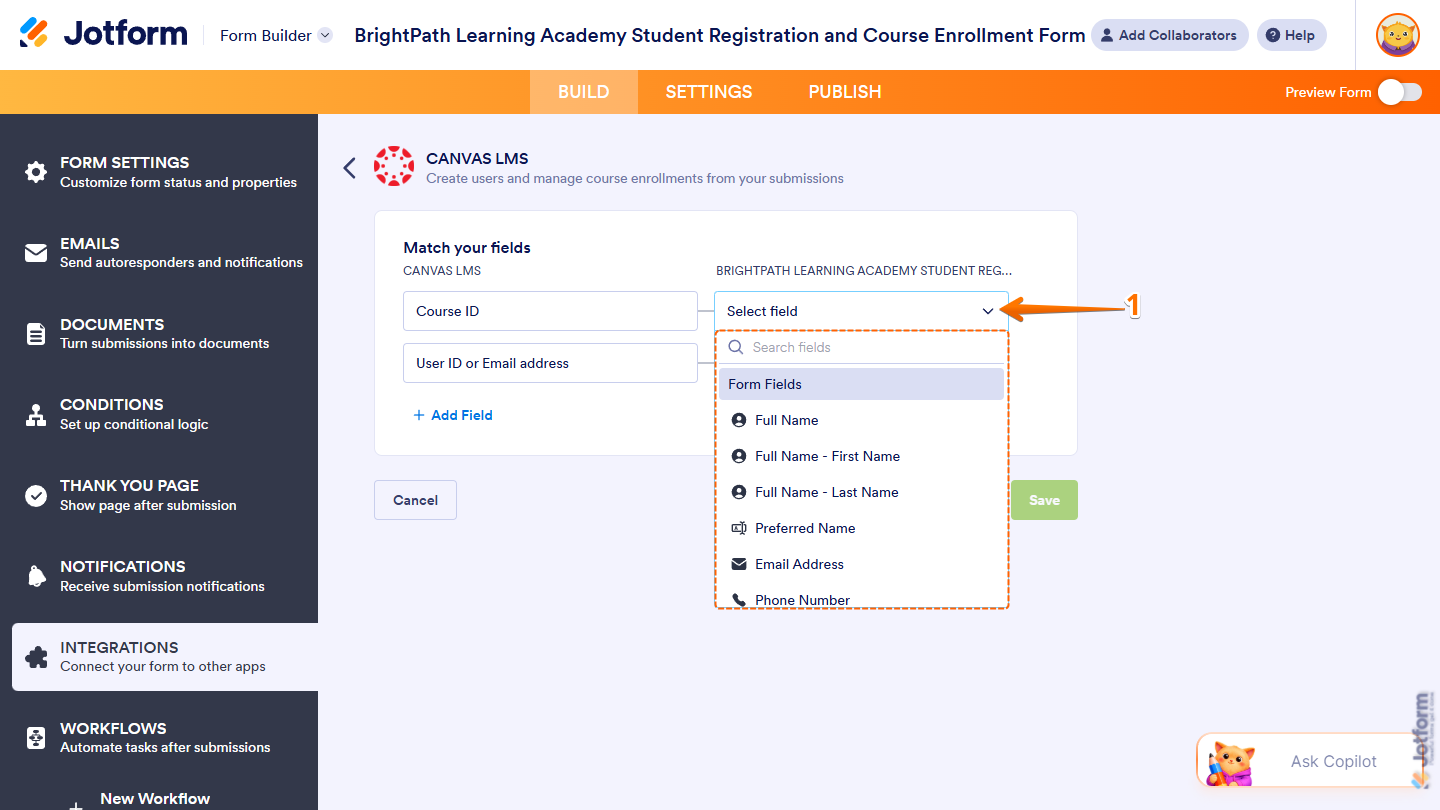 Course ID default Canvas field in the Match Your Fields setting for Create Enrollment action in the Canvas LMS section of Integrations under the Settings tab in Jotform Form Builder
