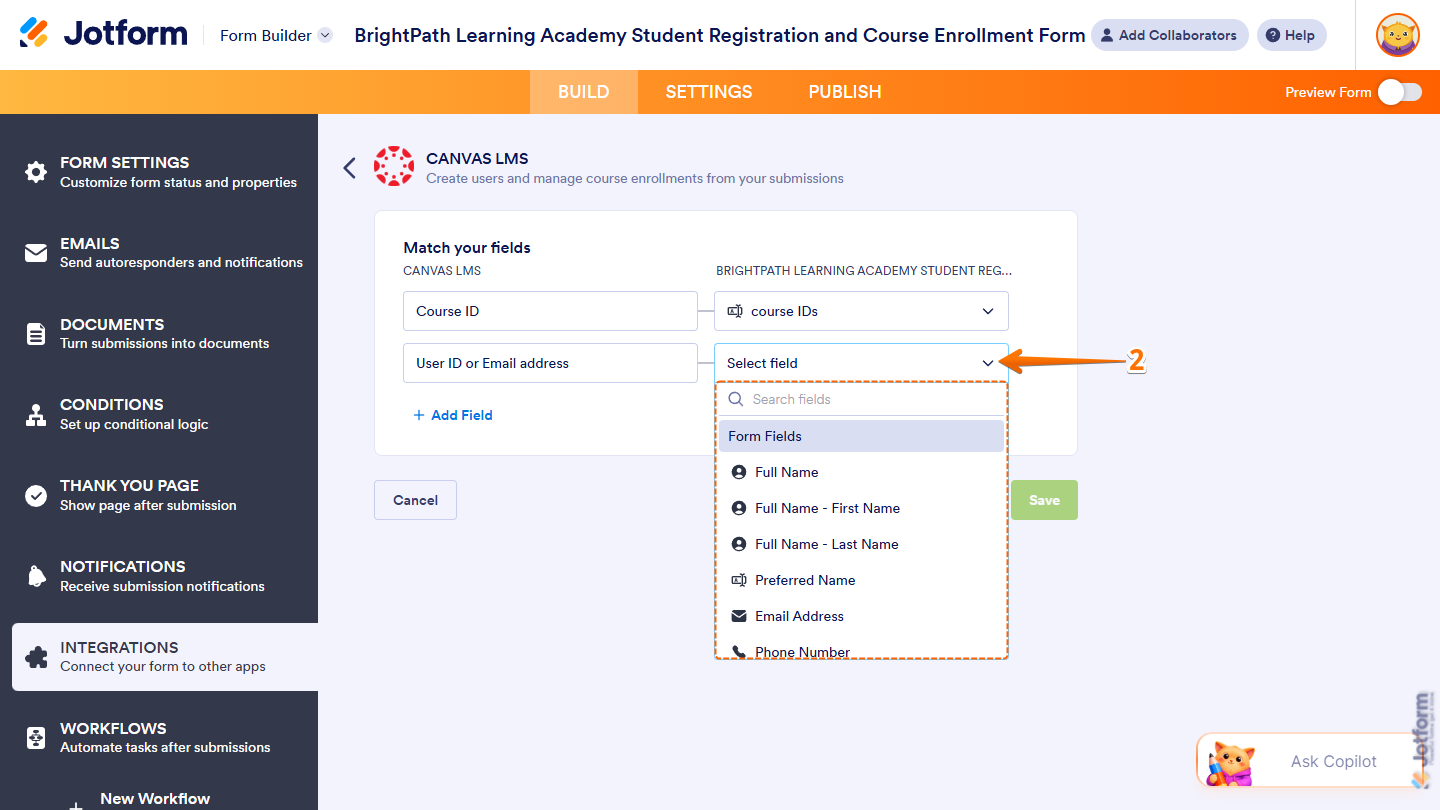 User ID or Email Address default Canvas field in the Match Your Fields setting for Create Enrollment action in the Canvas LMS section of Integrations under the Settings tab in Jotform Form Builder