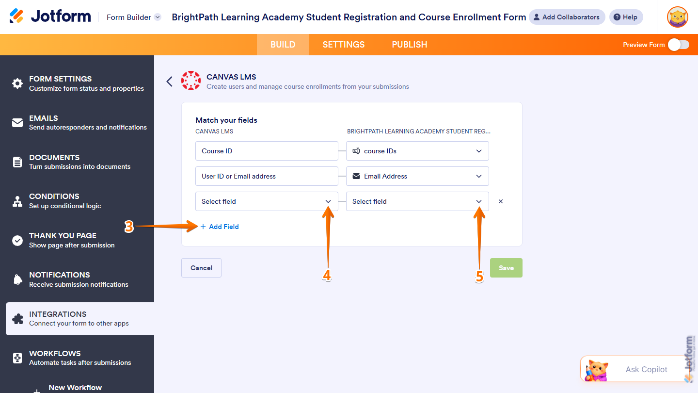 Add Field button and additional fields of the Match Your Fields setting for Create Enrollment action in the Canvas LMS section of Integrations under the Settings tab in Jotform Form Builder